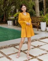 Asymmetric Tiered Silk Dress with Cowl Neckline and Sheer Sleeves